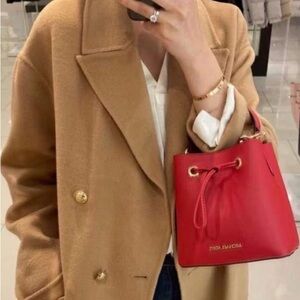 Michael Kors Red Leather Drawstring Bucket Shoulder Bag